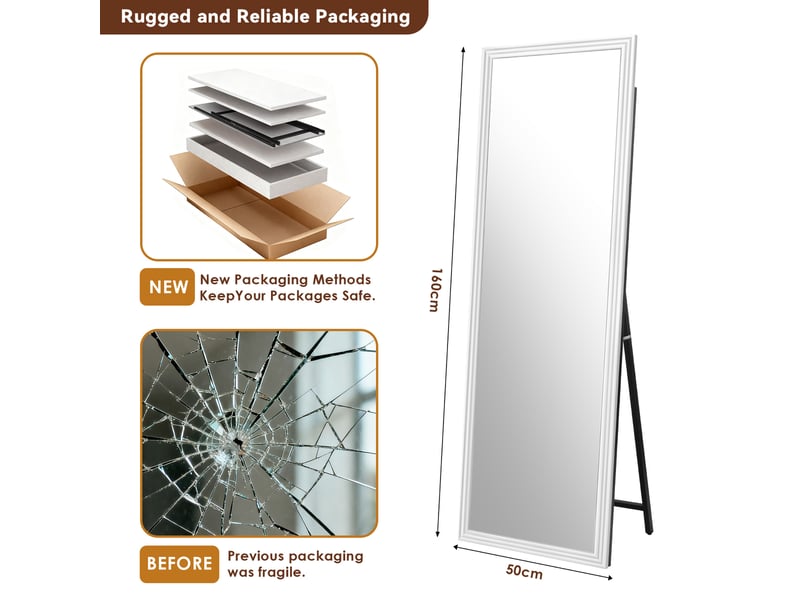  Miroir pleine longueur blanc 160 x 50 cm, cadre bois et pied métallique réglable  - Conforama C