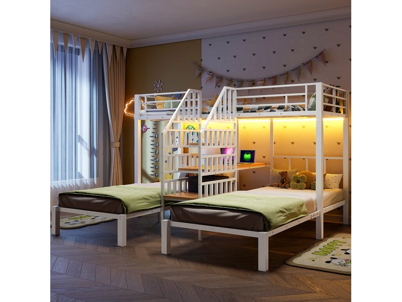  Lit superposé 90x200 cm à 3 couchages avec éclairage led et 2 ports usb en métal blanc  - Conforama C