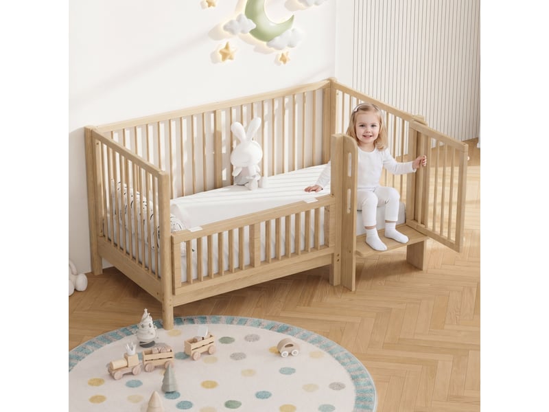  Lit bébé évolutif 70x140 cm – lit  70x140 - avec barrière de sécurité rabattable, porte à verrou et marchepied intégré - pin massif - naturel  - Conforama E