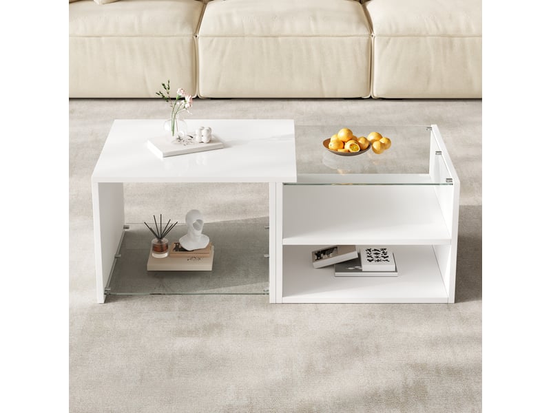  Table basse à niveaux avec led et 2 étagères ouvertes pour salon 100×50×38 cm en panneaux de particules blanc  - Conforama D