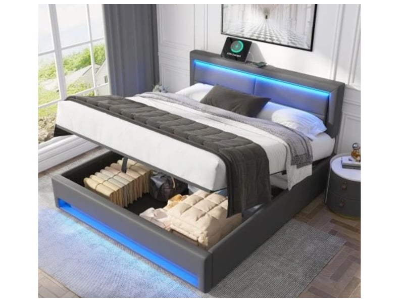  Lit rembourré 140×190, usb, led + rangement, pu lychee, gris, sans matelas  - Conforama D