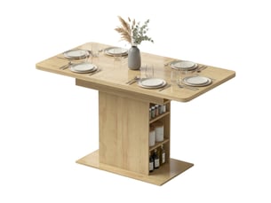 Table à manger extensible rectangle pour 4 à 6 personnes, table de cuisine 110-130 cm, 6 étagères ouvertes, bois naturel