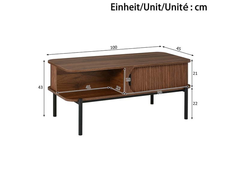 Table basse rectangulaire avec rangement et portes coulissantes, mdf, couleur noyer, 100 x 45 x 43 cm  - Conforama E