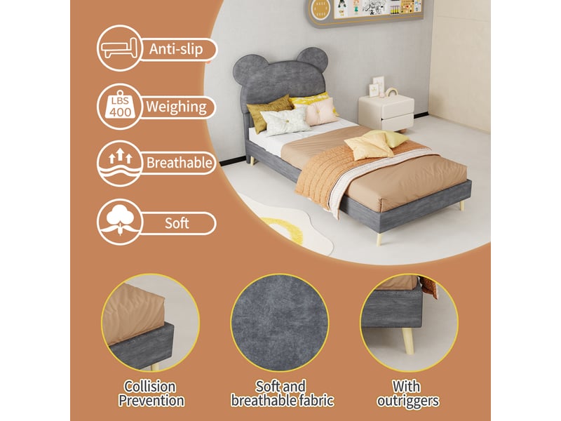  Lit pour enfant, 90x200 cm, lit simple avec tête de lit dessin animé, matelas non inclus, tissu et métal, coloris gris  - Conforama E