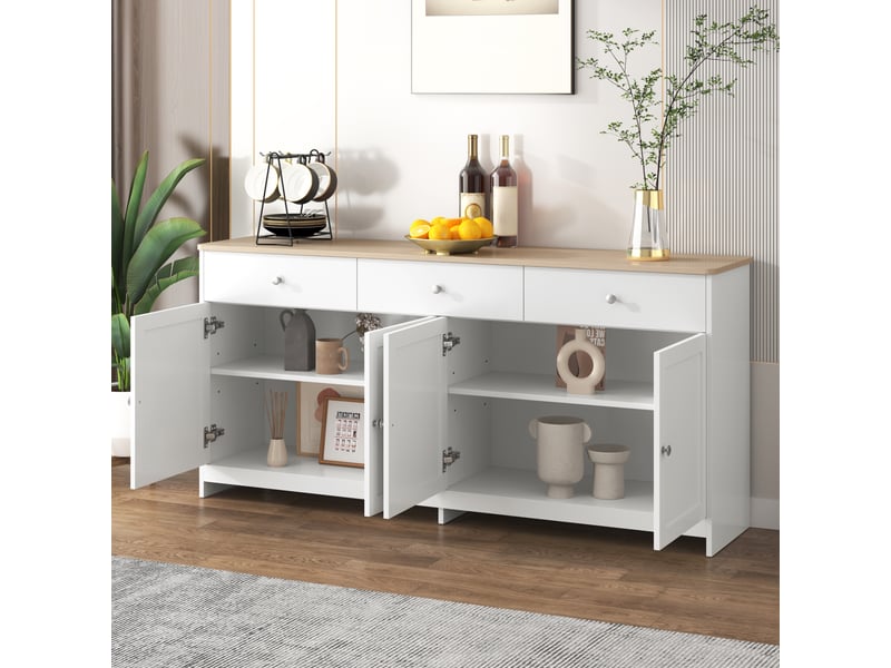  Buffet 4 portes et 3 tiroirs avec étagères réglables pour salle à manger en mdf 160×37×75 cm blanc et bois  - Conforama B