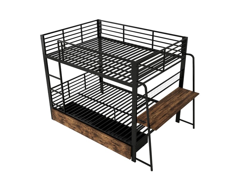  Lit superposé 140 x 200 cm bureau 2 tiroirs éclairage led à synchronisation musicale prise électrique cadre métal barrières de sécurité échelle intégrée charge 250 kg finition noire  - Conforama A
