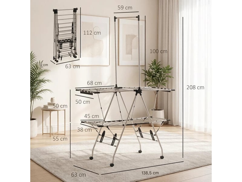  Étendoir à linge tour pliable à roulettes acier inoxydable 138,5 x 63 x 208 cm T5828P554627 - Conforama C