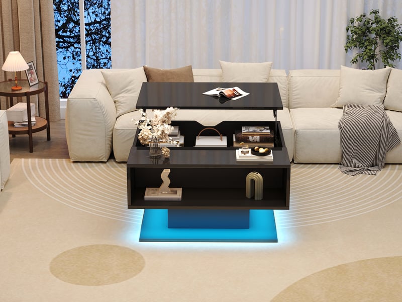  Table basse relevable géométrique 80x75x40cm, table de salon noire avec led, rangement caché et finition brillante  - Conforama W