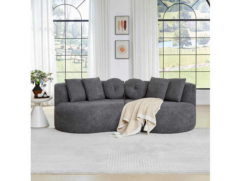  Canapé modulable 3 places 223x79x109 cm, 6 coussins anthracite, arrondi sans accoudoirs, tissu en chenille, gris  - Conforama B