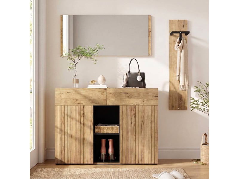  Vestiaire d'entrée aspect bois et noir avec miroir, meuble de couloir, 125x35x178 cm  - Conforama B