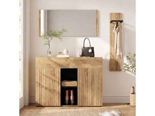 Vestiaire d'entrée aspect bois et noir avec miroir, meuble de couloir, 125x35x178 cm