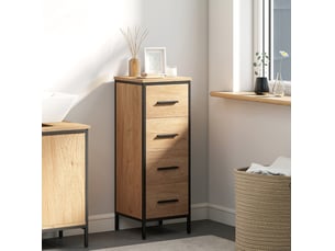Meuble de rangement de salle de bain 30x30x82 cm – chêne – 4 tiroirs et cadre en acier industriel