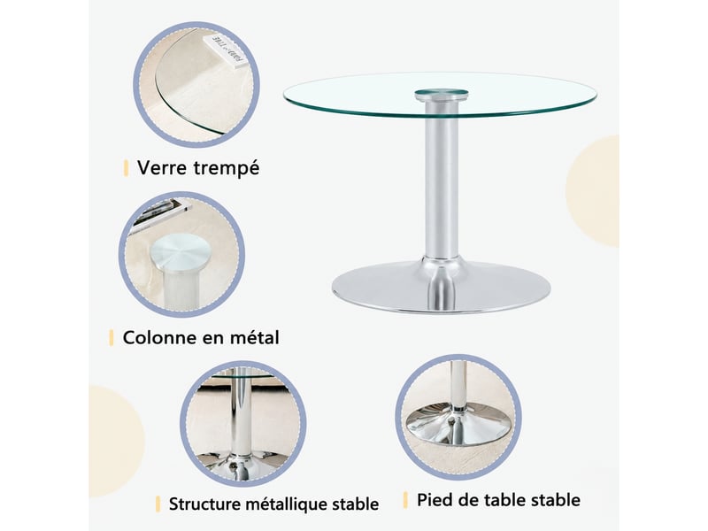  Table basse ronde en verre diamètre 70 cm, plateau en verre trempé et structure en métal argenté, design moderne  - Conforama R