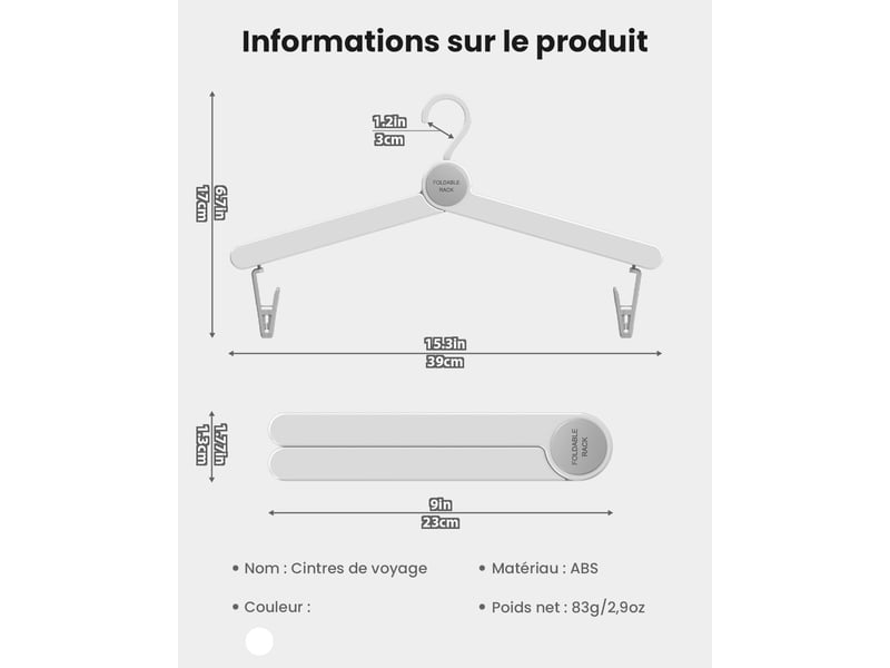 Lot de 4 cintres pliables de voyage – cintres portables avec pinces cachées rotatives 360°, idéals pour chemises vestes chaussettes serviettes, blanc - Conforama C