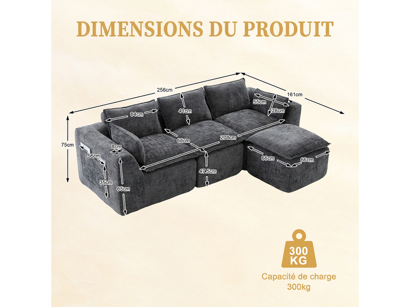  Canapé 3 places modulable gris foncé avec pouf - tissu chenille, porte-gobelet et poches  - Conforama C