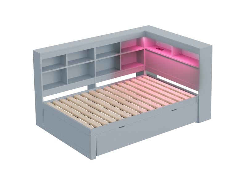  Lit enfant 140x200cm,lit avec rangement en bois massif avec lumière led,prise usb,1 grand tiroir et 10 niches,gris lit enfant gris - Conforama E