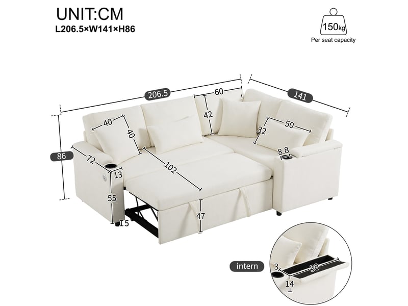 Canapé d’angle convertible 206,5x141x86 cm en chenille avec rangement et port usb beige chicfurn - Conforama D