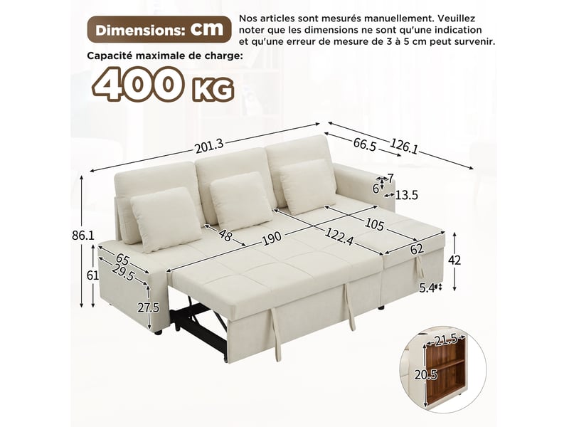  Canapé convertible 3 places avec méridienne, coffre, porte-gobelet et rangement latéral en chenille beige clair  - Conforama D