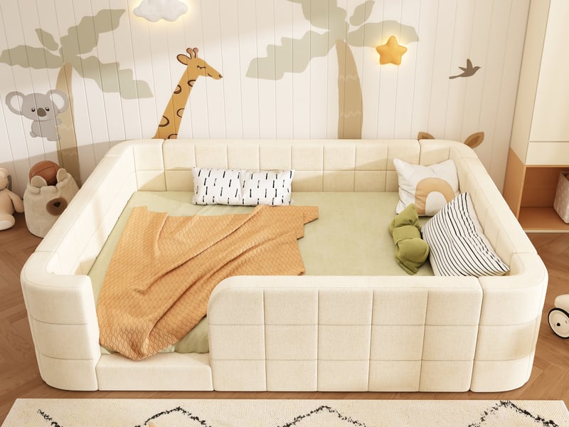  Lit double pour enfant 140x200 cm, lit au sol en chenille douce, barrière de protection tout autour, accès bas, beige  - Conforama B