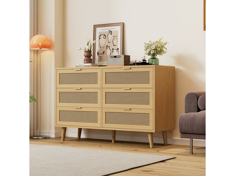  Buffet 6 tiroirs 120x76.5 cm meuble rangement bois chêne avec poignées métalliques pour salon et chambre  - Conforama B