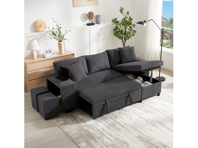 Canapé d'angle convertible modenvie 3 places gris en velours côtelé avec rangement usb type-c 231 x 131,5 x 84 cm - Conforama B