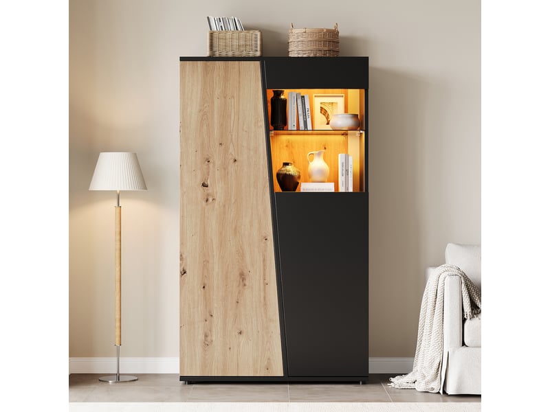  Vitrine haute 80x35x139,5 cm avec led, portes vitrées, étagères réglables en verre trempé, meuble de rangement mdf noir et bois OMNIGLINT TRADING LTD - Conforama B