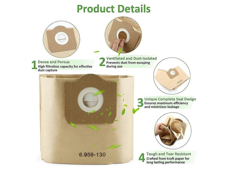 Vacuum cleaner bags for karcher 6.959-130.0, paper filter bags for karcher vacuum cleaner, wd3 1629 mv3 premium 20 pack - Conforama E