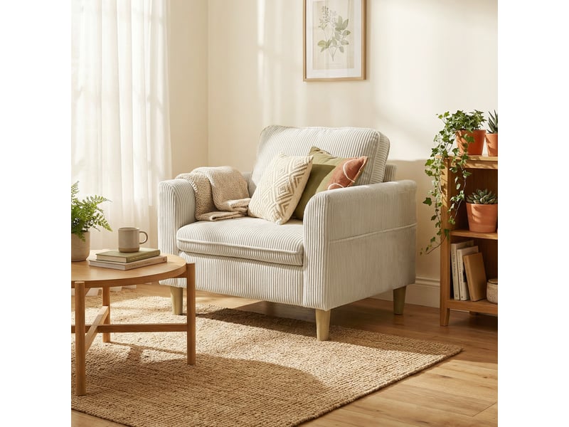  Fauteuil de salon canapé 1 place assise large et confortable velours côtelé beige coussin à ressorts pour petit espace T1003-01-17317 - Conforama E