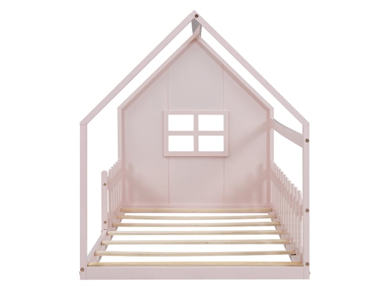  Lit cabane enfant 90x200 cm, pin, rose  - Conforama D