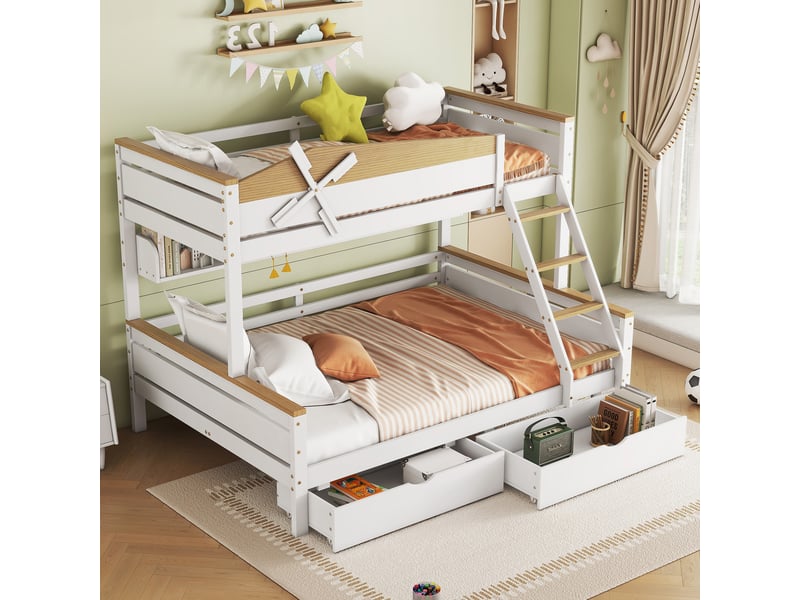  Lit superposé 90x200 &amp; 140x200 cm - lit avec protection et rangement pour enfant, grille antichute, échelle à 4 niveaux, bois de pin + mdf, blanc + naturel  - Conforama B