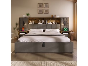 Lit coffre 180 × 200 cm 2 places avec led, 2 lampes de lecture, usb, type-c et chevets, sans matelas, gris