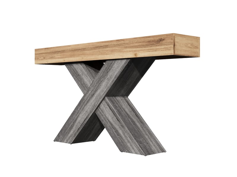  Table console 140 x 30 x 80 cm avec support croisé en x, décor bois naturel et gris, panneau de particules  - Conforama D