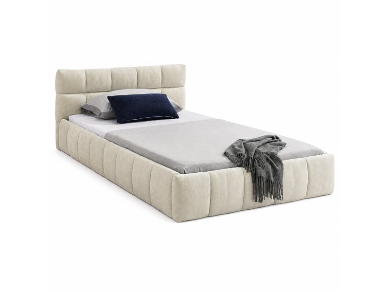  Lit simple enfant 90x200 cm en chenille beige, cadre en bois d’eucalyptus et fer  - Conforama A