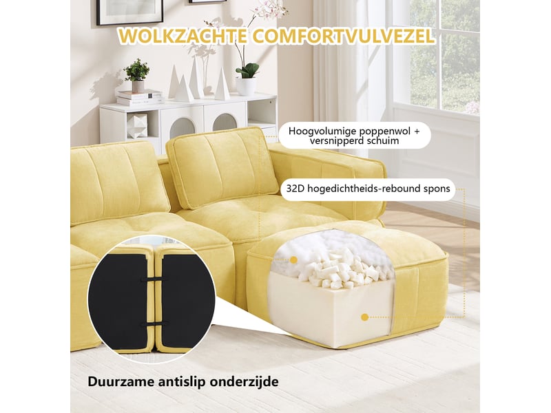  Canapé modulable 2 places avec 2 poufs en polyester jaune  - Conforama D