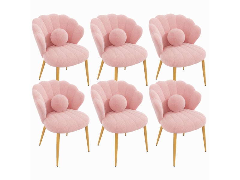 Chaise de salle à manger lot de 6, dossier coquillage et coussins ronds, en bouclette rose et métal doré - Conforama A