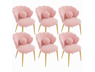 Chaise de salle à manger lot de 6, dossier coquillage et coussins ronds, en bouclette rose et métal doré