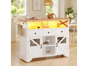 Desserte de cuisine mobile blanche avec plateau rabattable, led et 3 tiroirs