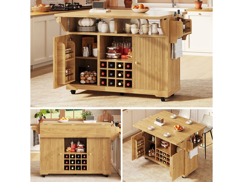  Desserte de cuisine mobile et îlot de cuisine extensible, chariot de service avec porte-bouteilles, hauteur 95 cm, bois naturel  - Conforama D