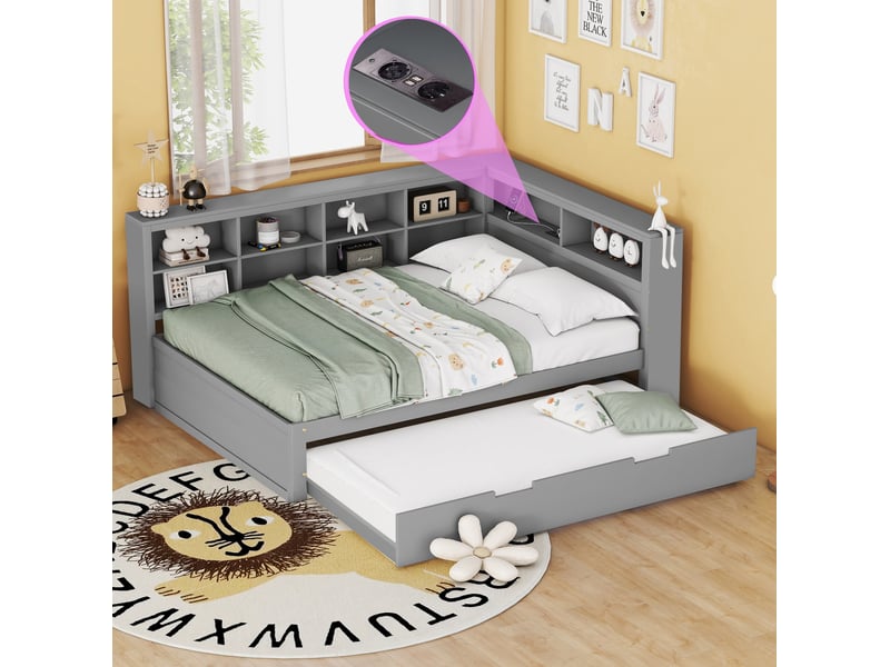  Lit gigogne 140x200 cm avec lit 90x190 cm, prise usb et rangements, gris  - Conforama D