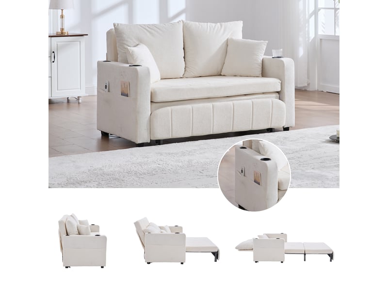  Canapé-lit 2 places convertible en tissu chenille, 4 coussins inclus, poches latérales, porte-gobelets, mousse haute densité, beige  - Conforama D