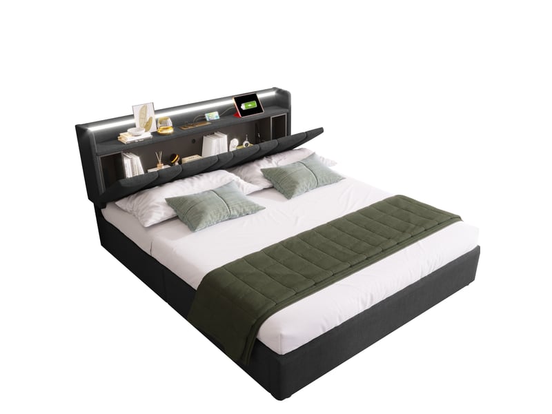  Lit coffre 160x200 gris en tissu avec tête de lit led, usb et type c, rangement pratique pour chambre moderne  - Conforama A