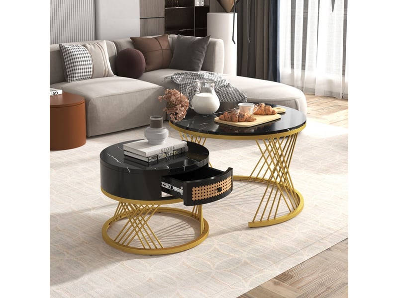  Table basse 70*70*45.5 -sogeu- plateau marbre, tiroirs en rotin plastique, pieds en fer doré, 70x70x45.5 + 50x50x38.5 cm  - Conforama D