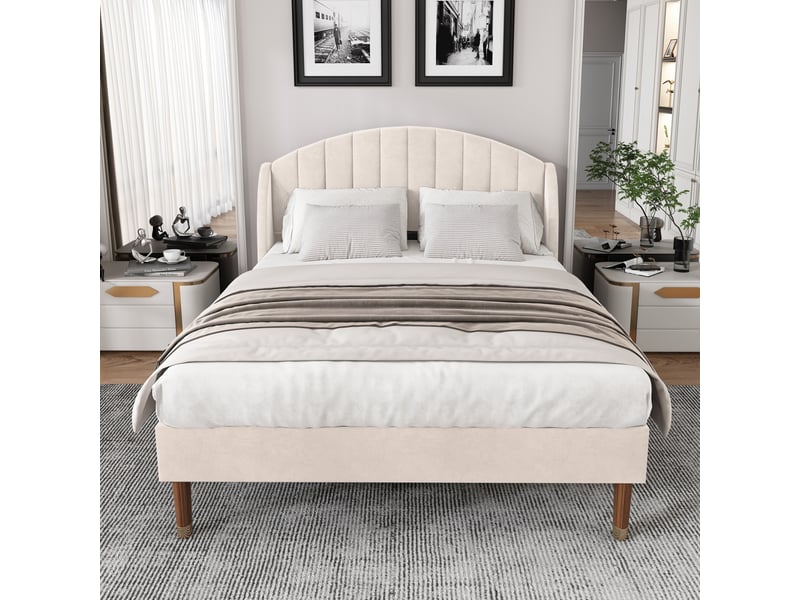  Lit 140x190cm - lit double 140x190 rembourré en velours avec tête de lit capitonnée en arcadie - beige  - Conforama B