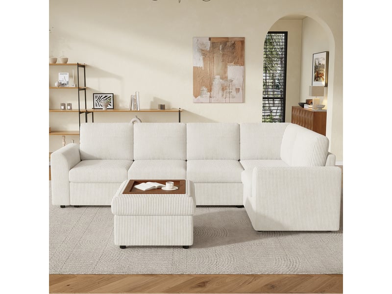  Canapé d’angle l 6 places 282x153x85 cm, avec pouf mobile, montage facile et mousse haute densité pour salon, velours côtelé, beige Bubbly - Conforama B