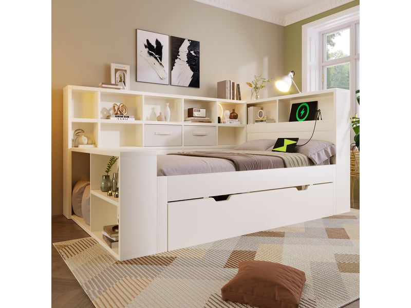 Lit extensible 90x190 cm - avec rangement - en bois - blanc CARDUME ESTIVAL - Conforama E