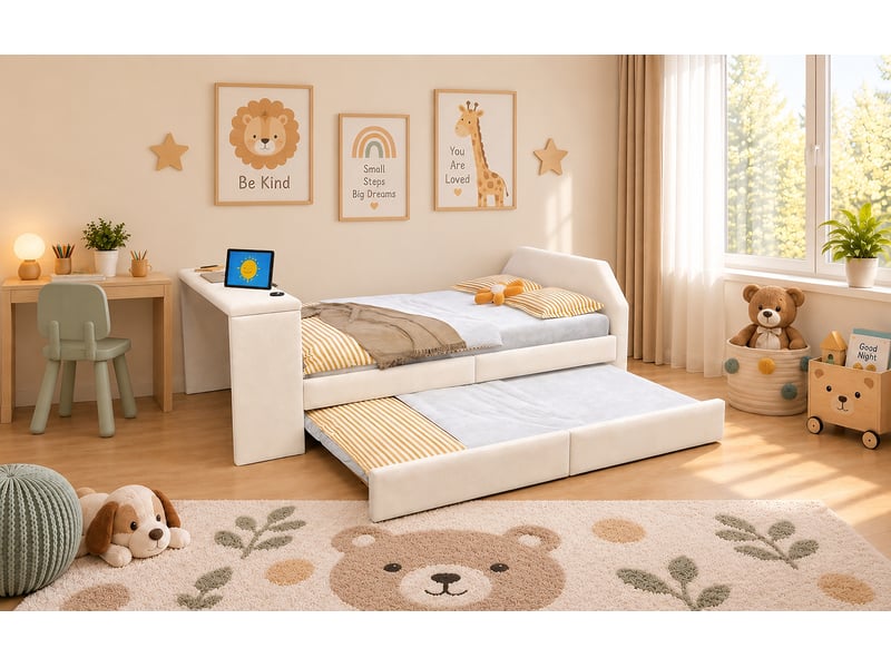  Lit gigogne enfant 90 x 200 cm avec bureau intégré et port usb, lit banquette avec tête de lit rembourrée, velours, beige Morn Vibe - Conforama E
