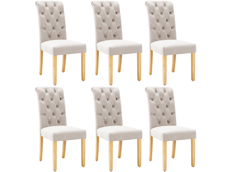  Chaise de salle à manger lot de 6 à dossier courbé  - assise à ressorts, pieds en chêne, velours beige  - Conforama A