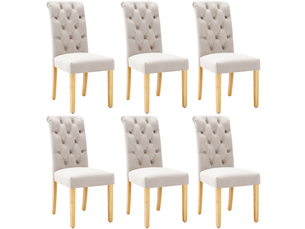 Chaise de salle à manger lot de 6 à dossier courbé  - assise à ressorts, pieds en chêne, velours beige