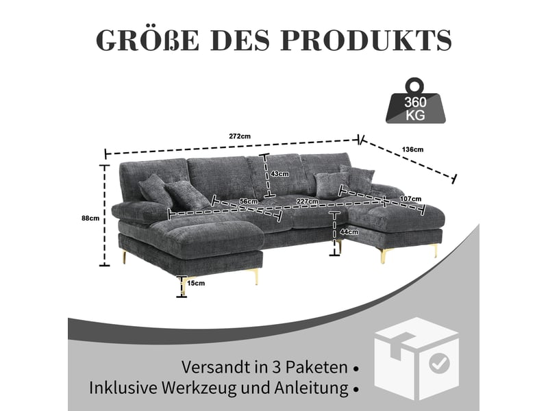  Canapé panoramique u 4 places en chenille gris avec deux méridiennes  - Conforama C