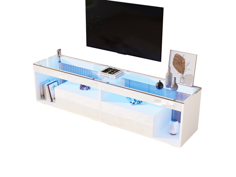 Meuble tv led 180x40x46 cm haute brillance pour tv jusqu’à 70 pouces avec 2 tiroirs, salon chambre, panneaux de particules, blanc Sol Morn - Conforama A